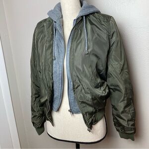 Faux Layered Hoodie Bomber Jacket || Cropped || Green & Gray || Hooded